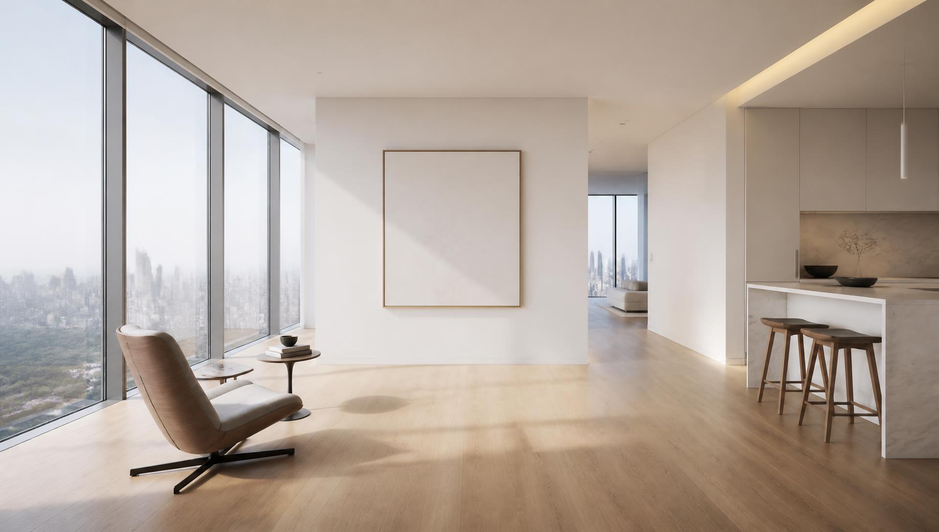 Sunlit modern apartment interior with skyline views